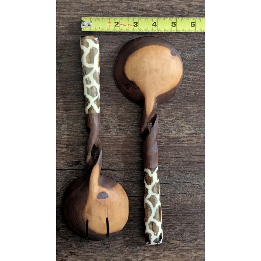 Hand-Carved African Olive Wood Salad Serving Set Giraffe Print Handles
